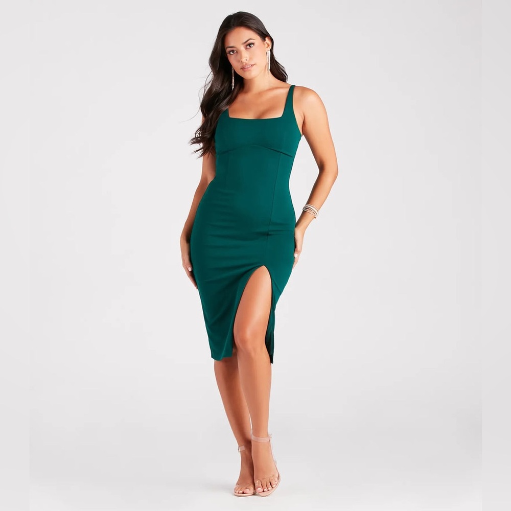 High Slit Emerald Green Midi Dress Sleeveless Sheath Cocktail Dress Extra Small